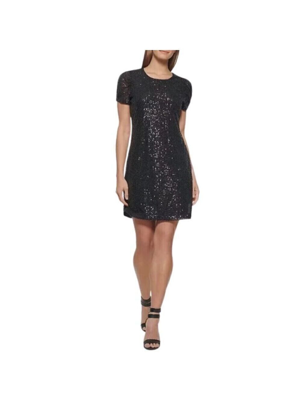 DKNY Black Short Sleeve Crew Neck Sequin Cocktail Mini Dress Sz 6